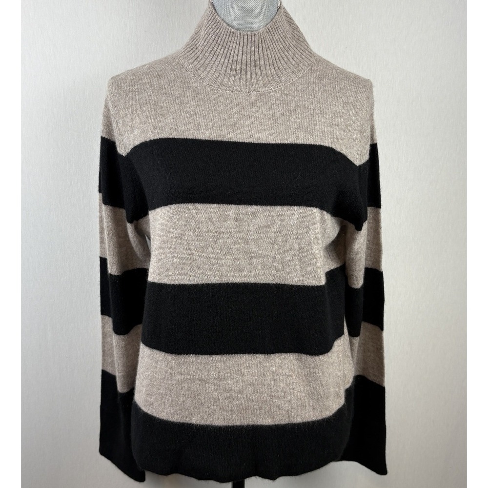 Joan Vass Black and Tan Striped Turtleneck Sweater